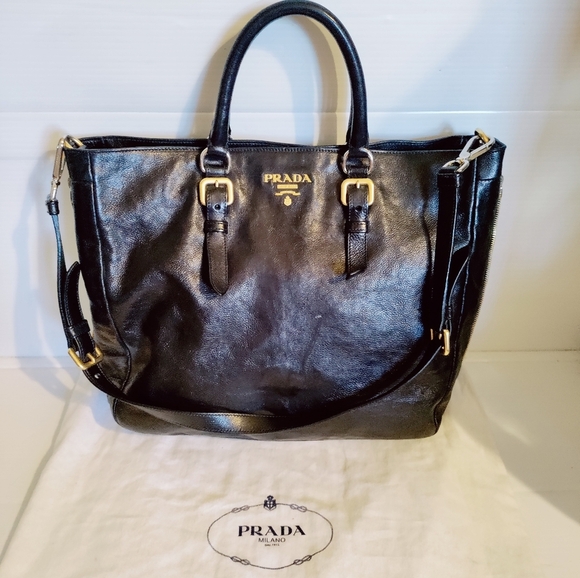 Prada Glacé Black Leather Tote Bag – Gold & Silver Hardware – Rare & Pristine! - Picture 1 of 15
